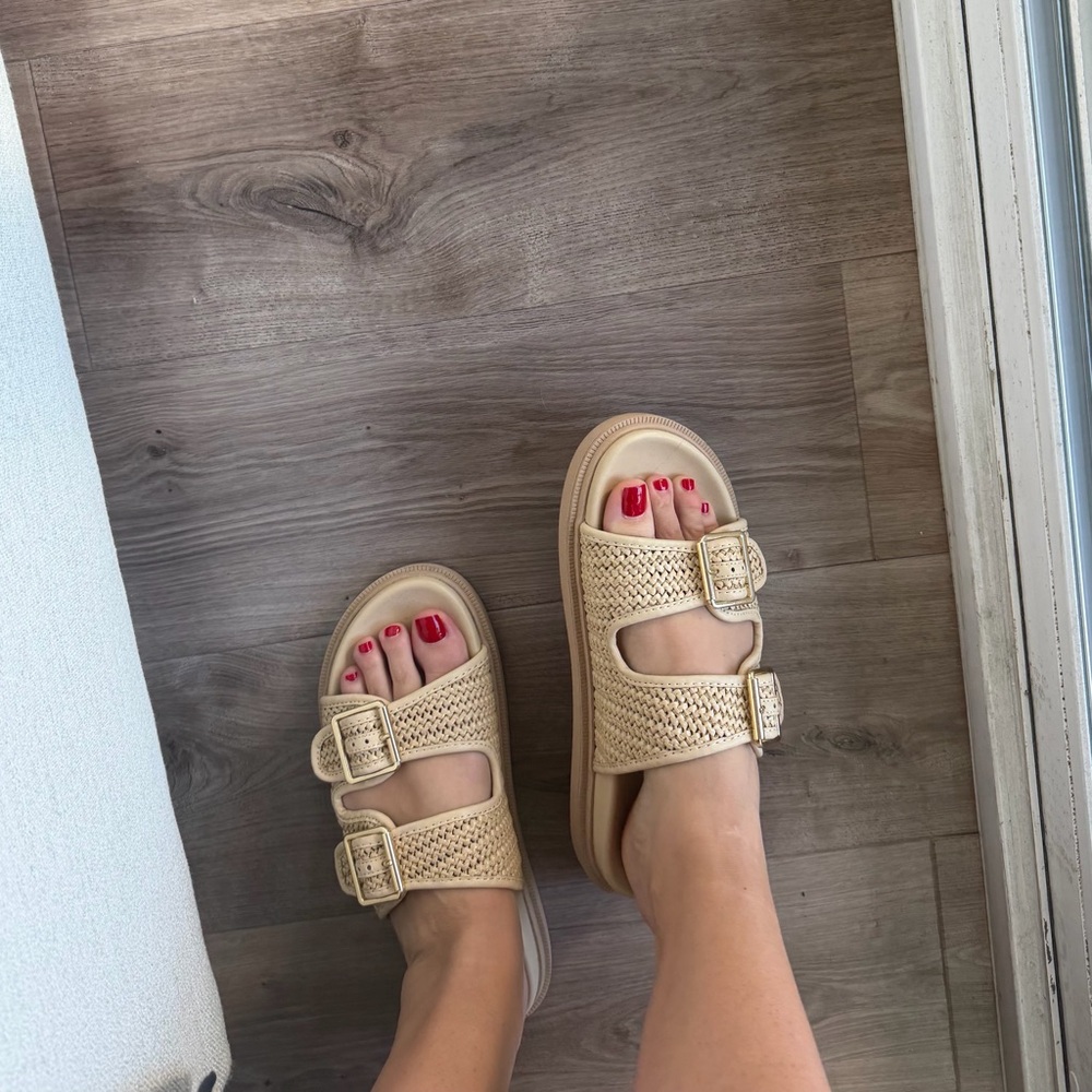 Woven Double-Buckle Slide Sandals in Beige